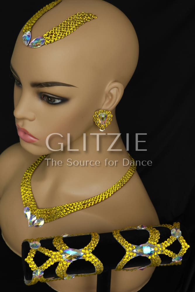 Crystals AB/Citrine Ballroom Dance Jewelry Set: Necklace Earrings Hair Piece Bracelets Accessories
