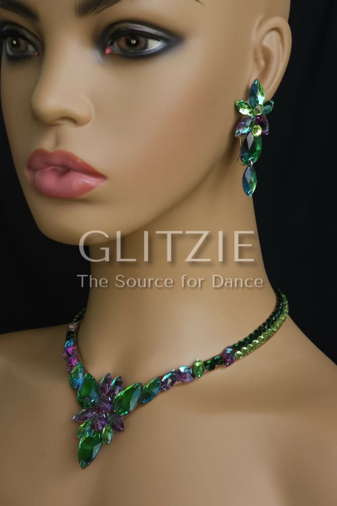Crystals Emerald/Peridot Handmade Ballroom Dance Jewelry Set: Necklace Earrings. Accessories