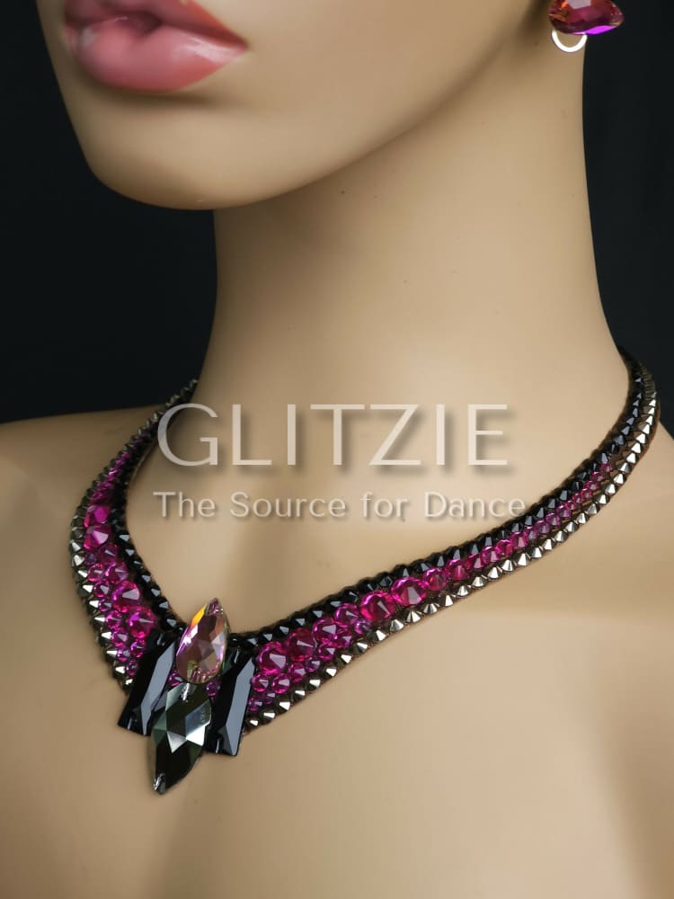 Crystals Jet/fuchsia/Hematite. Handmade Ballroom Dance Jewelry Set: Necklace Earrings. Accessories