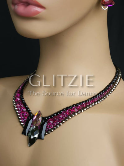 Crystals Jet/fuchsia/Hematite. Handmade Ballroom Dance Jewelry Set: Necklace Earrings. Accessories