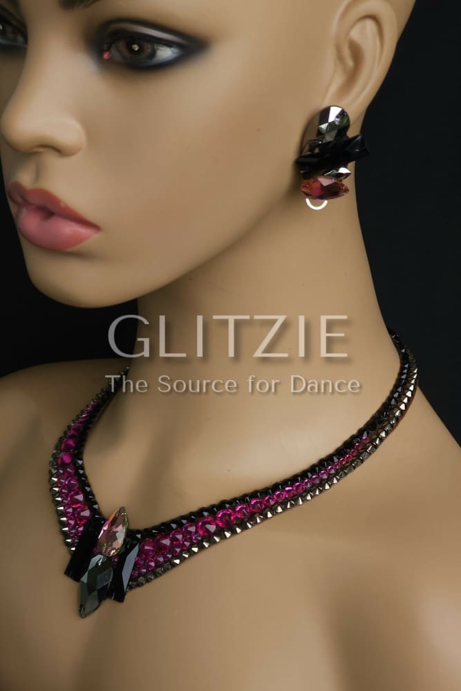 Crystals Jet/fuchsia/Hematite. Handmade Ballroom Dance Jewelry Set: Necklace Earrings. Accessories